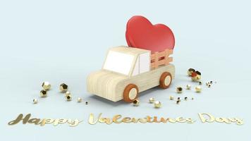 trä lastbil och röda hjärtan 3D-rendering för alla hjärtans innehåll. foto