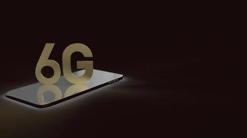 3D-rendering 6g text guld yta glöd på smartphone i mörk bild för mobilt teknikinnehåll. foto