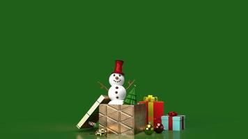 snögubbe och presentförpackningar för julinnehåll 3d-rendering foto