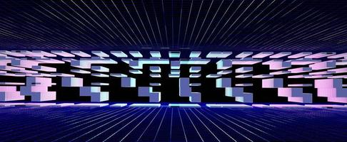 neon mesh cyberrymden med geometriska former bakgrund. virtuell hyperjump med digital 3d-rendering klusterseparation laserspelabstraktion med futuristisk lila design foto