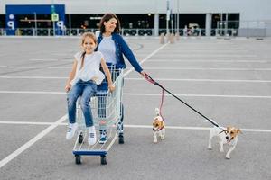 glad mamma, dotter och deras husdjur återvänder från köpcentrum, bär vagn, poserar utomhus, har förtjusta uttryck, njuter av samvaro, har vänskapliga relationer, köper något. familj koncept. foto