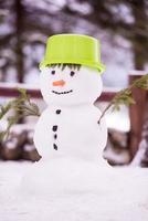 leende snögubbe med grön hatt foto