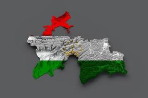 tadzjikistan karta flagga skuggad relief färg höjd karta på vit bakgrund 3d illustration foto