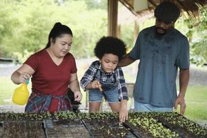 afrikansk amerikansk bondefamilj lär sin son att plantera plantor i plantskolor för grönsaksodling för naturekologi, organisk trädgårdsmästarhobby, lycklig tillsammans med barndomens jordbruk. foto