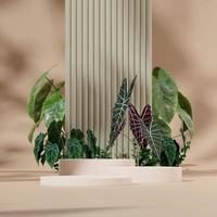 3D render mall mockup vit podium i kvadrat med alocasia och anthurium växter foto