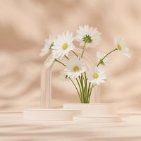 3D-rendering mall av vit podium i kvadrat med suddig glasbåge och tusensköna blomma foto