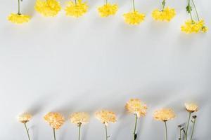 krysantemum och skärblommor sammansättning. mönster och ram gjord av olika gula eller orange blommor och gröna blad på vit bakgrund. platt låg, ovanifrån, kopiera utrymme, vår, sommar koncept. foto