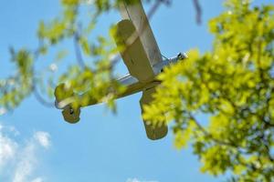 biplan flyger över lummiga vårträd foto