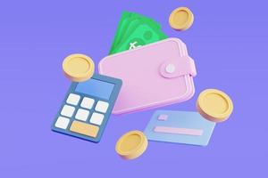 ikon plånbok, sedlar, mynt flyter, kreditkort med och miniräknare budgethantering koncept. 3d illustration foto