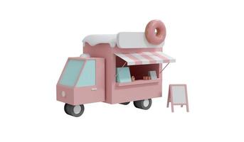 3D-rendering av rosa munkbutikssäljare isolerad på vit bakgrund. 3D gör illustration tecknad stil. foto