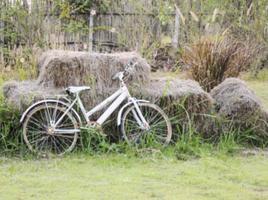 gammal vit cykel med oskärpa fokus. foto