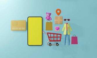 shopping online på mobil applikation koncept marknadsföring och digital . 3d rendering foto