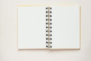ovanifrån av öppen tom anteckningsbok med omslag från återvunnet papper på pastell ljus färgglad bakgrund foto