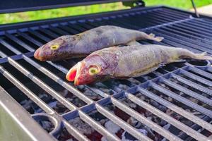 grillad färsk fisk. laga bbq skaldjur i brand utomhus. foto