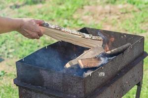 kvinnlig hand lägga björkved i grillen. camping, matlagning utomhus foto