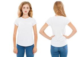 flicka i tshirt på vit bakgrund isolerad, sommar t-shirt, tom foto