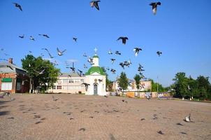 flock av kämpar duvor över de fyrkant i främre av lavra, sergiev posad, moskva område, ryssland foto