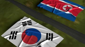 Nordkoreas och Sydkoreas flaggor på kartan 3D-rendering för gränsinnehåll. foto