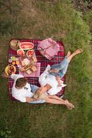 ovanifrån av par som njuter av picknicktid foto