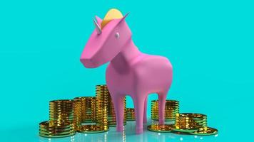 den rosa enhörningen och guldmynten för att starta företagsinnehåll 3d-rendering. foto