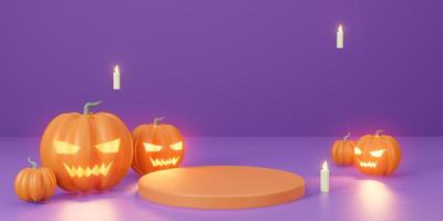 halloween fest lila tema bakgrund. 3d illustration skede podium orange pumpa ljus foto