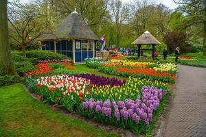 retro sten väl och tulpaner i keukenhof parkera, Lisse, holland, nederländerna foto