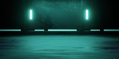 3d tolkning av rymdskepp korridor neon lysande grön bakgrund futuristiska. cyberpunk begrepp. scen för reklam, showroom, teknologi, framtida, modern, sport, metavers. sci fi illustration foto