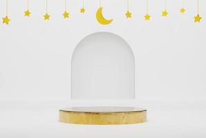 3d podium i vit islamic bakgrund med stjärnor och halvmåne guld Färg 3d illustration tolkning för flygblad design, baner, produkt företag reklam och etc foto