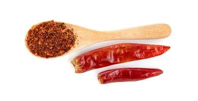 röd mald paprika pulveriserad eller torr chilipeppar med träslev isolerad på vit bakgrund foto