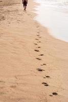 fotspår av en man gående på de strand. resa begrepp foto