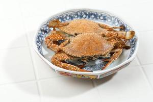 ångad blå krabba eras på kinesisk keramisk tallrik på vit bakgrund, mat förberedelse. foto