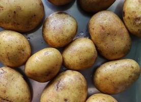topp se på okokt potatisar på en metallisk yta. kök begrepp foto