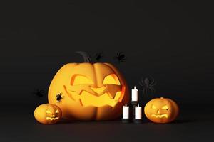 halloween pumpa, domkraft o lykta, med häxans hatt och blomma och Spindel, svart golv och mörk bakgrund. 3d tolkning. foto