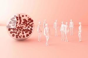 pandemi korona virus konceptuell Färg människor social avstånds strategi med mänsklig modell i sfär boll glas omgivande förbi en massa av virus 3d tolkning foto