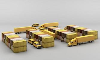 värld bred frakt behållare transport begrepp i gul tona Färg med lastbil och skåpbil luft plan på klot 3d tolkning foto