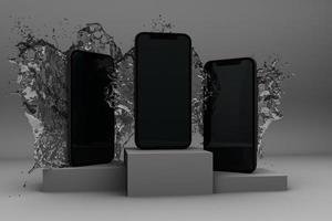 3d återges bild av smartphone stänk förbi vatten på vit bakgrund. foto
