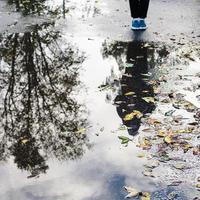 fallen löv och tonåring nära regn pöl foto