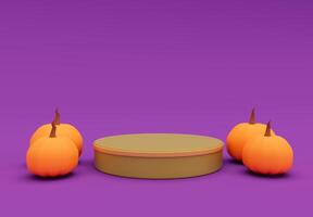 3d tolkning av halloween pumpa, podium, minimal halloween bakgrund design element foto