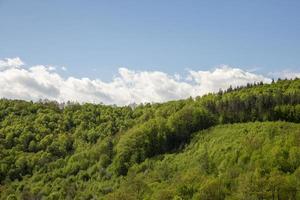 natursköna gröna böljande kullar mot den blå himlen med moln. foto