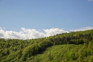 natursköna gröna böljande kullar mot den blå himlen med moln. foto