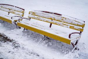 gul trä- parkera bänkar täckt med snö foto