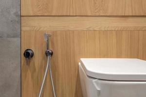 toalett och detalj av en hörnduschbidé med väggmonterad duschfäste foto