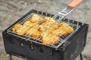 grillad kyckling vingar med kryddor på de grill, kokta på brand, utegrill foto