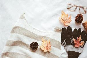 platt lägga av höst mode stil, Tröja, scarf och glasögon med lönn löv på vit ark bakgrund foto