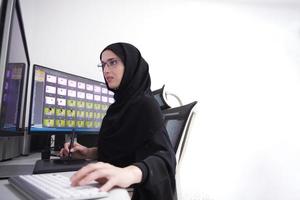 muslim kvinna grafisk designer arbetssätt på dator använder sig av grafisk läsplatta och två monitorer foto