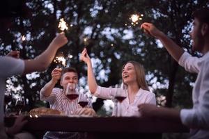 vänner har picknick franska middag fest utomhus- under sommar Semester foto