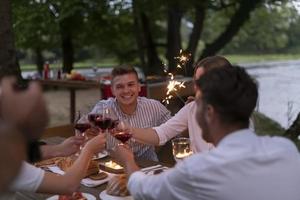 vänner toasting röd vin glas medan har picknick franska middag fest utomhuskameraman uppgifter en grupp av vänner har lunch foto