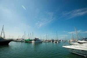 många lyx yachter flyta på kristall klar hav i marina bukt klubb, dyr privat båt stanna kvar lugna i dockning pir under sommar blå himmel grön hav foto