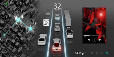 bil visa tesla gränssnitt Karta navigering led skärm användare gränssnitt ui 3d illustration foto