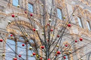 jul och ny år högtider bakgrund. träd utan löv dekorerad med röd och guld bollar. foto